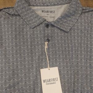 NWT Wearfirst Mens Large Performance Polo Golf Blue Indigo Waves